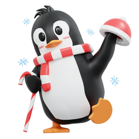 Cute Penguin Bring Candy Stick And Beanie  3D Illustration