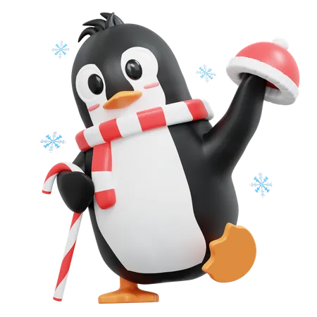3 D Cute Penguin Bring Candy Stick And Beanie 3D Illustration