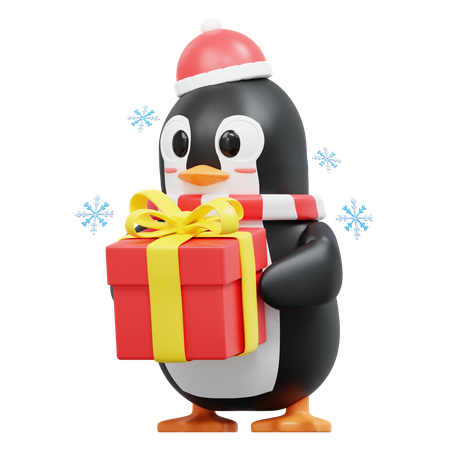 Cute Penguin Bring Gift Box  3D Illustration