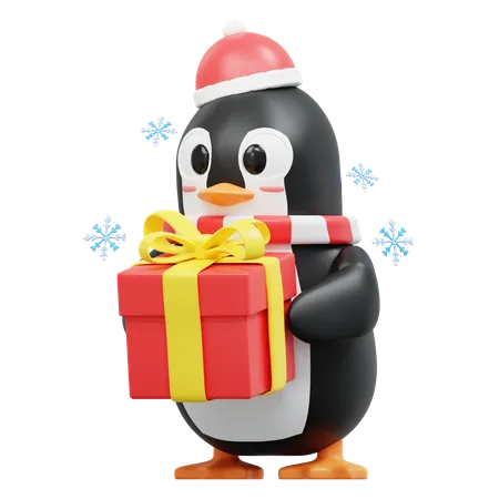 Cute Penguin Bring Gift Box  3D Illustration