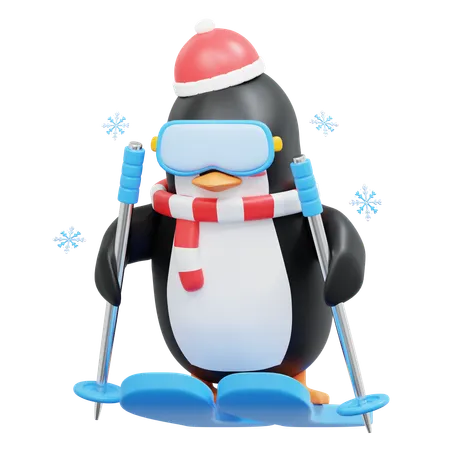 3 D Cute Penguin Play Ski 3D Illustration