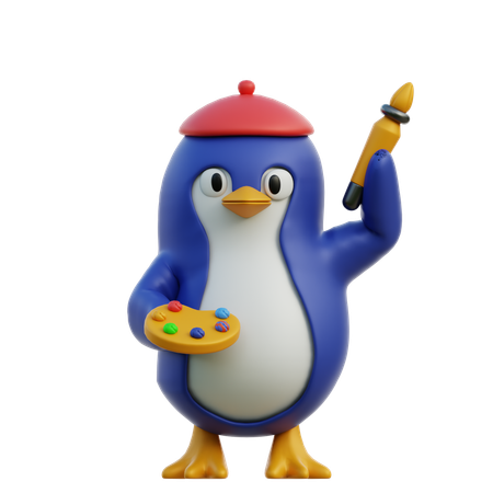 Cute Penguin Holding Color Palette And Paint Brush  3D Icon