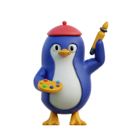 Cute Penguin Holding Color Palette And Paint Brush  3D Icon