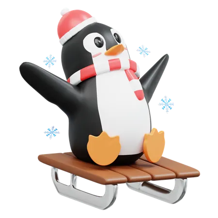 Cute Penguin Riding Sledge  3D Illustration