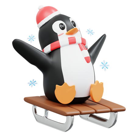 Cute Penguin Riding Sledge  3D Illustration