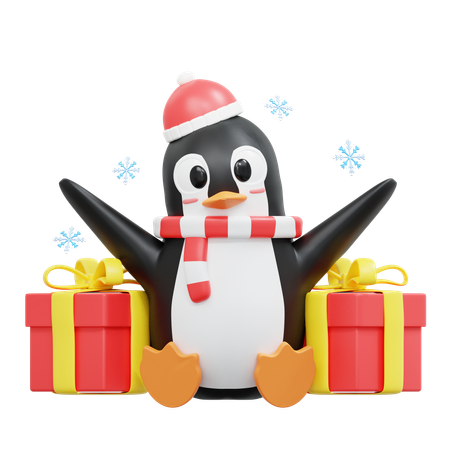 Cute Penguin Sit With Giftbox  3D Illustration