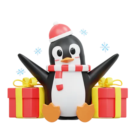 Cute Penguin Sit With Giftbox  3D Illustration