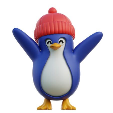 Cute Penguin Wearing Winter Cap While Standing With Open Wings  3D Icon