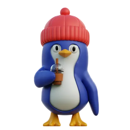 Cute Penguin With Beverage  3D Icon