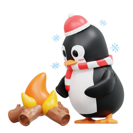 Cute Penguin With Bonfire  3D Illustration