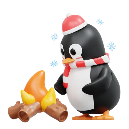 3 D Cute Penguin With Bonfire 3D Illustration