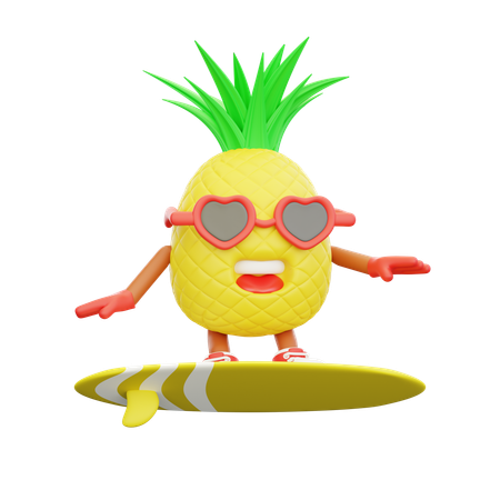Cute pineapple character doing surfing  3D Illustration