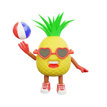 Cute pineapple character dribbling ball  3D Illustration