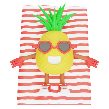 Cute pineapple character enjoying beach  3D Illustration