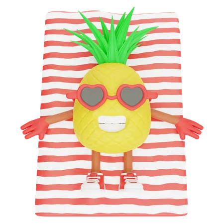 Cute pineapple character enjoying beach  3D Illustration