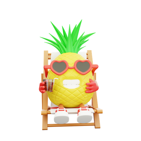 Cute pineapple character enjoying drink on beach  3D Illustration