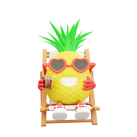 Cute pineapple character enjoying drink on beach  3D Icon