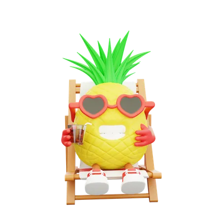 Cute pineapple character enjoying drink on beach  3D Illustration