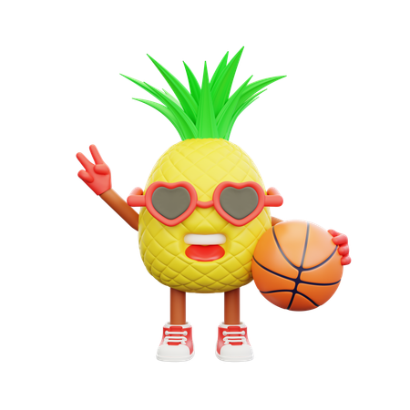 Cute pineapple character holding basketball  3D Illustration