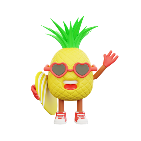 Cute pineapple character holding surfboard  3D Illustration