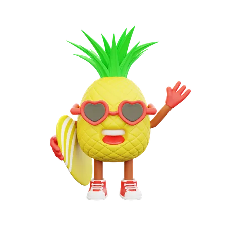 Cute pineapple character holding surfboard  3D Illustration