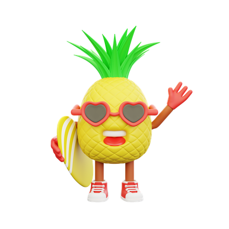 Cute pineapple character holding surfboard  3D Icon
