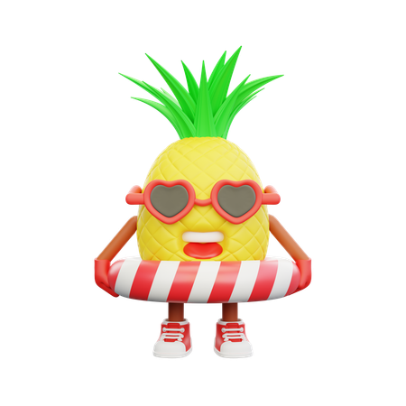 Cute pineapple character in floating ring  3D Illustration