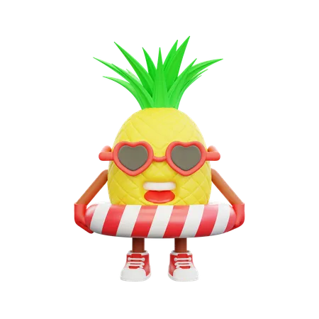 Cute pineapple character in floating ring  3D Illustration