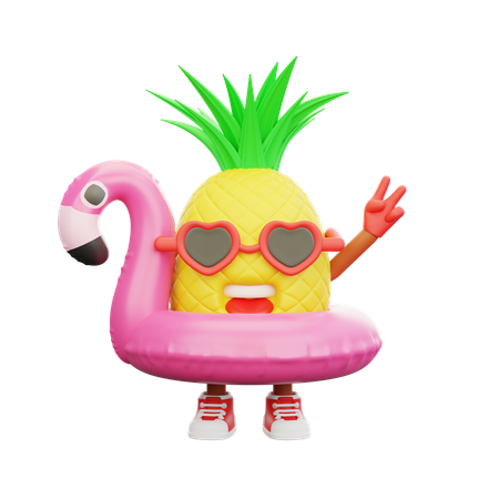 Cute pineapple character in floating ring at beach  3D Illustration