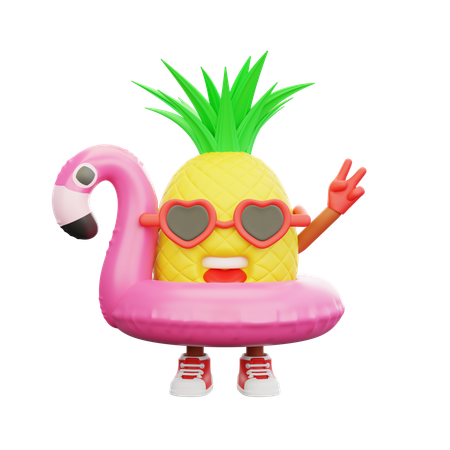 Cute pineapple character in floating ring at beach  3D Icon