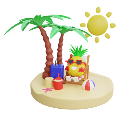 Cute Pineapple Enjoying Summer Vacation On Beach  3D Illustration