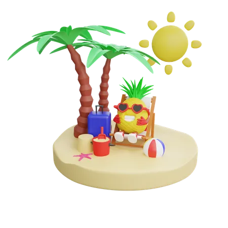 Cute Pineapple Enjoying Summer Vacation On Beach  3D Illustration