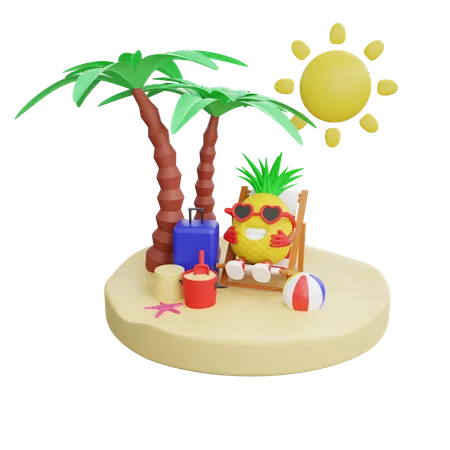 Cute Pineapple Enjoying Summer Vacation On Beach 3D Illustration