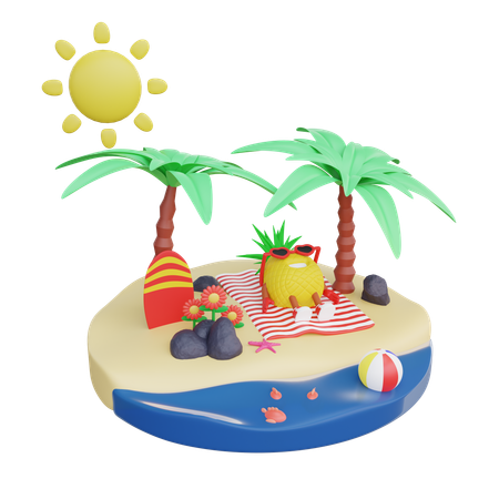 Cute Pineapple Relaxing On Beach  3D Icon
