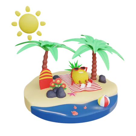 Cute Pineapple Relaxing On Beach  3D Illustration