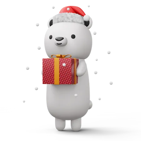 Cute Polar bear carrying christmas gift  3D Illustration