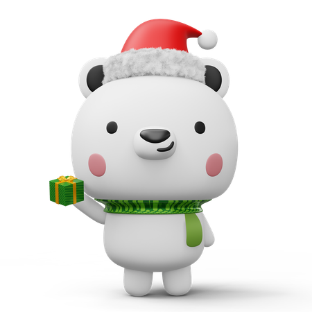 Cute Polar bear holding christmas gift  3D Illustration
