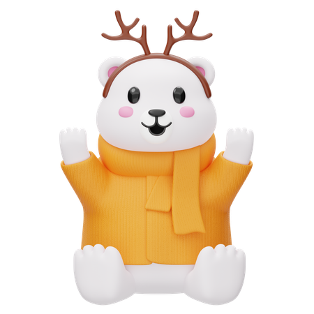 Cute Polar Bear Wearing reindeer antlers  3D Illustration