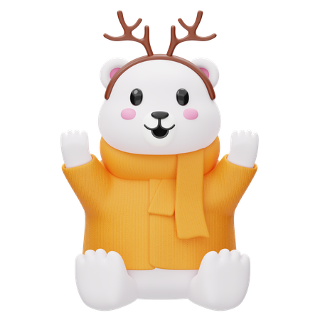 Cute Polar Bear Wearing reindeer antlers  3D Icon