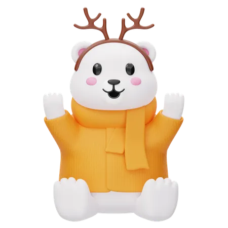 Cute Polar Bear Wearing reindeer antlers  3D Illustration