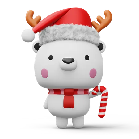 Cute Polar bear with christmas candy  3D Illustration