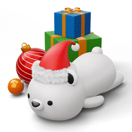 Cute Polar Bear With Christmas Hat Happy Christmas 3 D Rendering 3D Illustration
