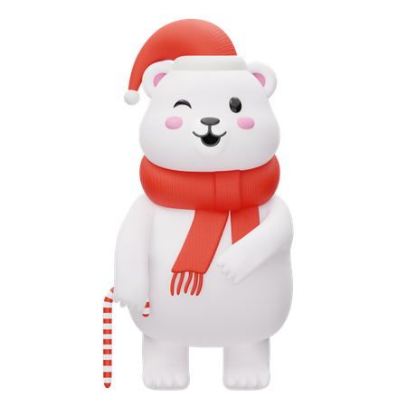 Cute Polar Bear With Christmas Stick  3D Illustration