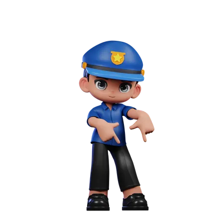 Cute Policeman Pointing Down  3D Illustration