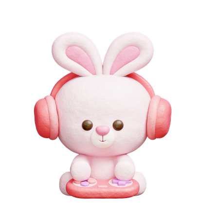 Cute Rabbit Playing Video Game  3D Icon