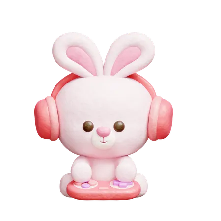 Cute Rabbit Playing Video Game  3D Icon