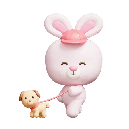 Cute Rabbit Walking With Dog  3D Icon