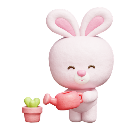 Cute Rabbit Watering Plant  3D Icon