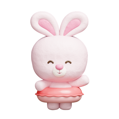 Cute Rabbit With Rubber Swimming Ring  3D Icon