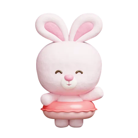 Cute Rabbit With Rubber Swimming Ring  3D Icon